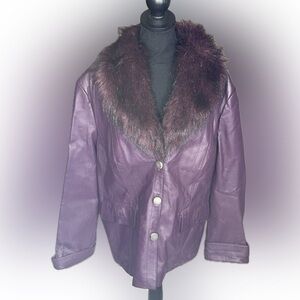 Terry Lewis Elegant Women's Purple Leather Jacket with Faux Fur Collar size 1X
